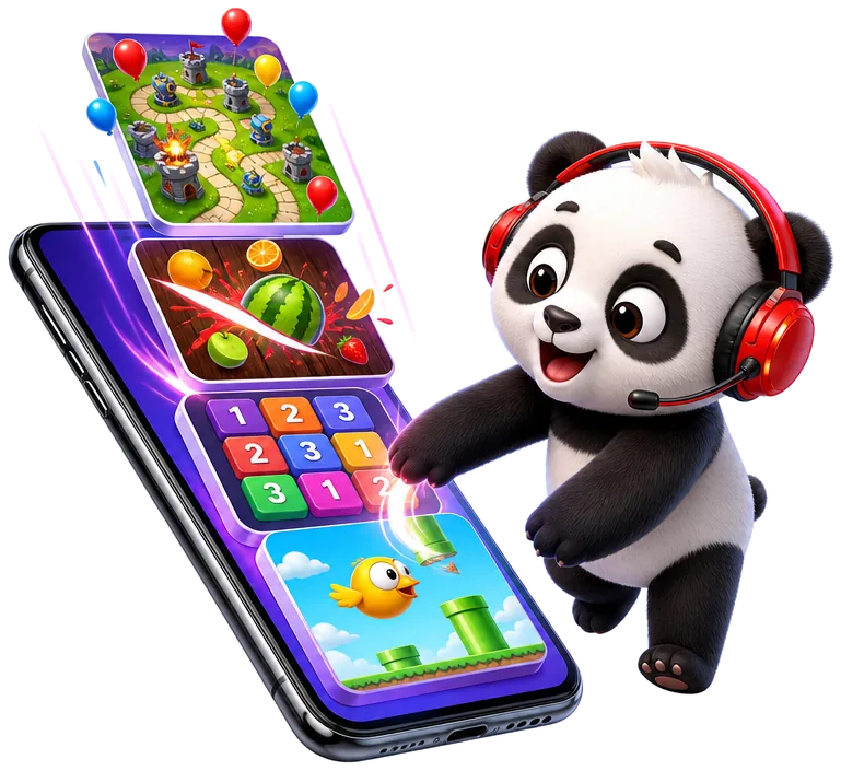 A panda swiping up on a phone as game cards fly out of the screen